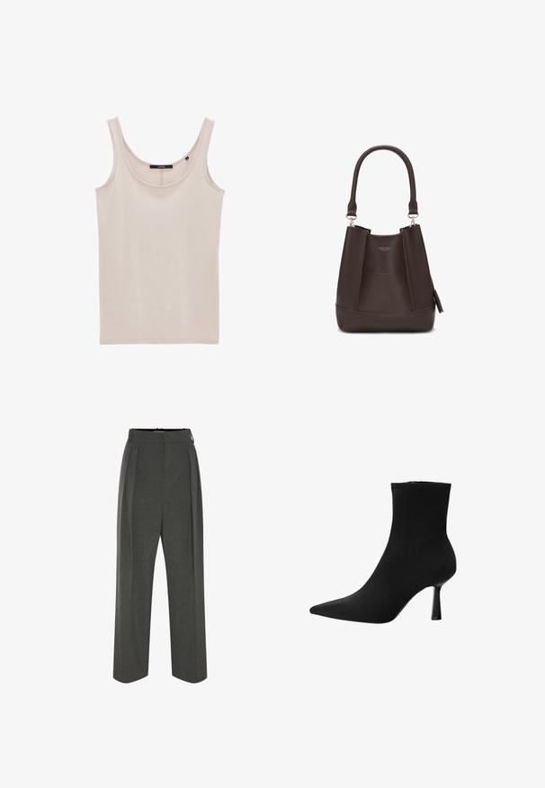 Bruine gebreide cardigan met een kraag, knopen aan de voorkant en geribbelde accenten. Beschikt over een gestructureerd patroon en twee voorzakken.; Beige tanktop van zachte katoen, met dunne bandjes en een ronde halslijn, met een gladde textuur en minimale stikseldetails.; Grijze wijde broek van gestructureerde stof, met een hoge taille en plooien aan de voorkant. Het ontwerp heeft een gladde tailleband en geen zichtbare sluitingen.; Zwarte enkelboot gemaakt van gladde stof, met een spitse neus en een slanke stilettohak, met een naadloos ontwerp en zonder zichtbare hardware.; Carlheim ADALINE - Handtas - brown