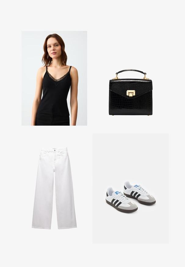 Bruine gebreide cardigan met een kraag, knopen aan de voorkant en geribbelde accenten. Beschikt over een gestructureerd patroon en twee voorzakken.; Zwarte camisole van ribbelstof, met kantafwerking langs de V-halslijn en verstelbare dunne banden. Zachte textuur en getailleerd ontwerp.; Witte wijde denim jeans. Voorzien van een knoopsluiting, voor- en achterzakken, en gestikte naden. Soepele textuur met minimale details.; Sportschoenen met een witte leren bovenkant, grijze suède neus en drie zwarte strepen. Bevat een blauw logo op de tong en een gestructureerde rubberen zool.; Zwarte faux-krokodillenleder handtas met een gestructureerd ontwerp, gouden hardware, een bovenhandgreep en een magnetische klepsluiting.