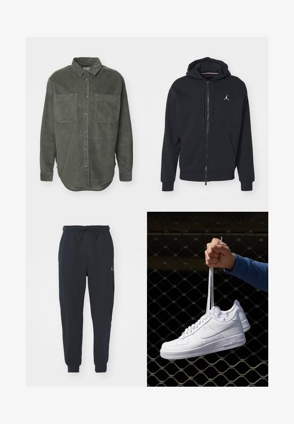Sudadera con cremallera negra, hecha de un tejido suave, con un bolsillo tipo canguro, puños acanalados y un logo bordado en blanco en el pecho.; Camisa de pana verde con cierre de botones en el frente, cuello puntiagudo, dos bolsillos en el pecho y mangas largas con puños abotonados, presentando un dobladillo recto.; Camiseta blanca de algodón con mangas cortas, cuello redondo, corte relajado y sin logotipos ni patrones visibles. Textura suave y diseño minimalista.; Pantalones de chándal negros hechos de tela suave, con una cinturilla elástica con cordón, puños acanalados y un pequeño logo en el muslo izquierdo.; Zapatillas de cuero blanco con perforaciones, punta redonda, suela plana y cordones gruesos, con un logo de swoosh visible y "AIR" en el talón.