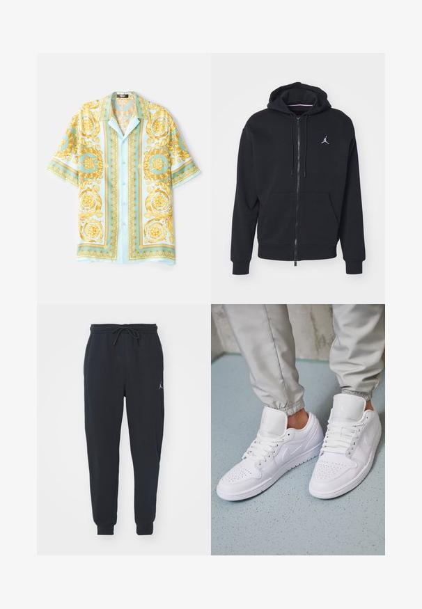 Must mustri zipperiga kapuutsiga, mis on valmistatud pehmest kangast, kangaroo taskuga, ribareitega mansettide ja valge tikitud logoga rinnal.; Hele sinine lühikeste varrukatega särk, millel on rikkalikud kuldsed barokkmustrid, nööbiga ees ja mugav lõige. Sile kangas läikiva tekstuuriga.; Valge puuvillane t-särk lühikeste varrukatega, ümmarguse kaelusega, lõdva lõikega ja ilma nähtavate logodeta või mustriteta. Sile tekstuur ja minimaalne disain.; Mustad mustadelsid, mis on valmistatud pehmest kangast, kummiga vöökoha ja nööriga, ribakätked ning väike logo vasakul reiel.; Valged nahast tossud sisaldavad perforatsiooni varvaste osas, lame nöörid, pehmendatud kaelus ja Jordani logo keelega. Kanda hallide spordipükstega.
