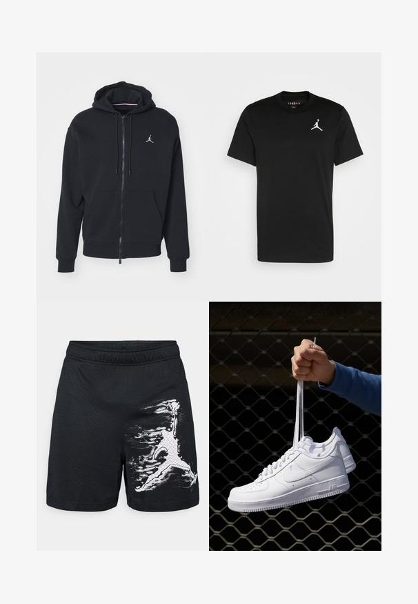 Čierna zip-up mikina vyrobená z mäkkej tkaniny, s kengurou vreckom, rebrovanými manžetami a bielym vyšitým logom na hrudi.; Čierne bavlnené tričko s krátkymi rukávmi, okrúhlym výstrihom a bielym logom Jumpman na ľavej hrudi. Hladká textúra, štandardný strih.; Čierne športové šortky z elastickej siete s elastickým pásom a bielym abstraktným vzorom na pravej strane. Ľahká, priedušná textília.; Biele kožené tenisky s perforáciami, okrúhlou špičkou, plochou podrážkou a hrubými šnúrkami, pričom majú viditeľné logo swoosh a nápis "AIR" na päte.