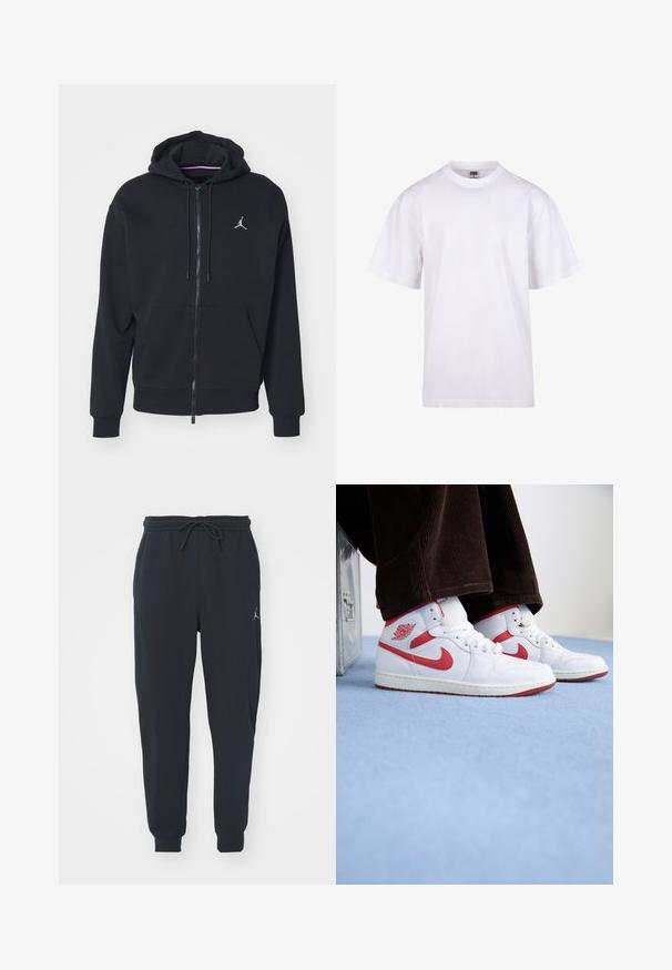 Black zip-up hoodie made from soft fabric, featuring a kangaroo pocket, ribbed cuffs, and a white embroidered logo on the chest.; White cotton t-shirt with a crew neckline, short sleeves, and a relaxed fit. Features plain design without patterns or accents.; Black jogger pants made of soft fabric, featuring an elastic waistband with a drawstring, ribbed cuffs, and a small logo on the left thigh.; High-top sneakers in white leather with red accents, featuring a circular logo and textured sole, paired with brown corduroy pants.