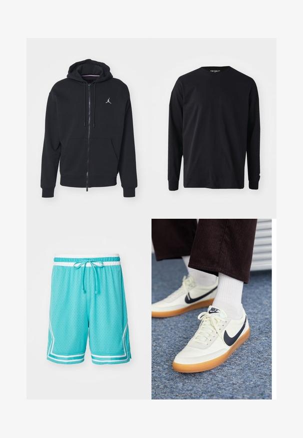 Čierna zip-up mikina vyrobená z mäkkej tkaniny, s kengurou vreckom, rebrovanými manžetami a bielym vyšitým logom na hrudi.; Čierne tričko s dlhým rukávom vyrobené z bavlny, s okrúhlym výstrihom a rovnými strihom, s malým logom na rukáve.; Tyrkysové športové šortky s textúrou sieťoviny, bielym sťahovacím pásikom a bielymi bočnými akcentmi. Obsahujú priedušný dizajn s perforáciami.; Nike tenisky z bielej kože s námorníckym swooshom, s gumovou podrážkou a bielymi šnúrkami, skombinované s bielymi ponožkami a tmavými kordovým nohavicami.