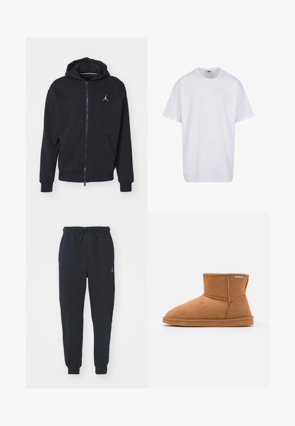 Hoodie noir à zip fabriqué en tissu doux, avec une poche kangourou, des poignets côtelés et un logo brodé blanc sur la poitrine.; T-shirt en coton blanc avec des manches courtes, un col rond, une coupe décontractée et sans logos ni motifs visibles. Texture lisse et design minimaliste.; Pantalons de jogging noirs en tissu doux, dotés d'une taille élastique avec un cordon de serrage, de poignets côtelés et d'un petit logo sur la cuisse gauche.; Bottine en suède marron à bout arrondi, doublure intérieure douce, détails cousus et semelle en caoutchouc. Étiquette de la marque visible sur le côté.