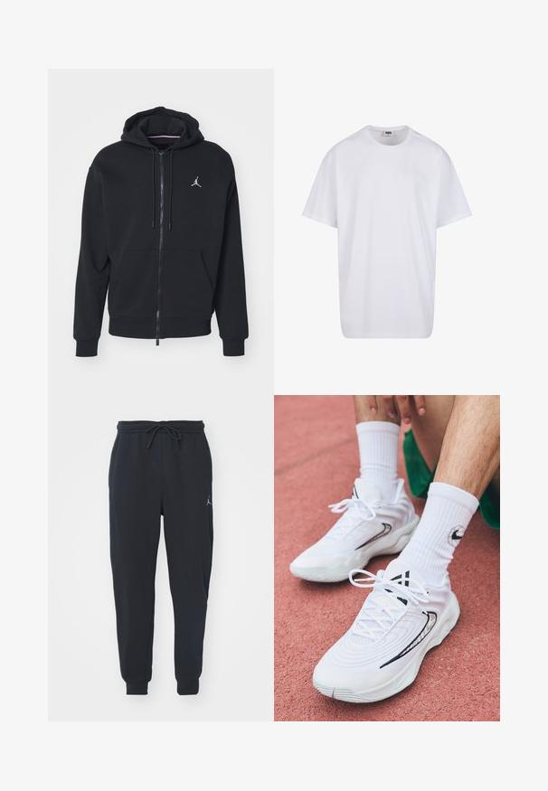 Juodas užtrauktukas džemperis, pagamintas iš minkštos medžiagos, su kengūros tipo kišene, didelėmis rankogaliais ir balta išsiuvinėta logotipu ant krūtinės.; Balta medvilninė marškinėlių užsagėlė su trumpomis rankovėmis, apvaliu kaklu, laisva forma ir be matomų logotipų ar raštų. Lygi tekstūra ir minimalus dizainas.; Juodi sportiniai džinsai, pagaminti iš minkštos medžiagos, su elastingu juosmeniu ir raišteliu, su įsiūtomis rankovėmis ir mažu logotipu kairiajame šlaunyje.; Balti sportiniai bateliai su tekstūruotu dizainu, su juodomis detalėmis ir raišteliais. Dėvimi su baltais banguotais kojiniais ant raudonos paviršiaus.