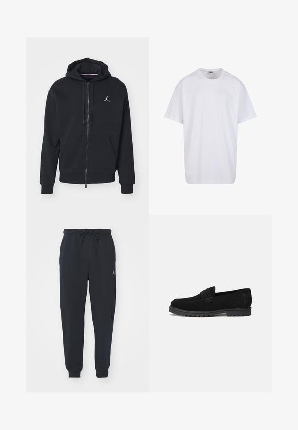 Schwarze Zip-Hoodie aus weichem Stoff, mit einer Kängurutasche, gerippten Bündchen und einem weißen gestickten Logo auf der Brust.; Weiße Baumwoll-T-Shirt mit kurzen Ärmeln, rundem Ausschnitt, lockerer Passform und ohne sichtbare Logos oder Muster. Glatte Textur und minimalistisches Design.; Schwarze Jogginghosen aus weichem Stoff, mit einem elastischen Taillenbund und Kordelzug, gerippten Bündchen und einem kleinen Logo am linken Oberschenkel.; Schwarze Wildleder-Lederschuhe mit abgerundetem Zehenbereich und einer genähten Akzentlinie an der Vorderseite. Gummisohle mit sichtbaren Profilen für besseren Halt.