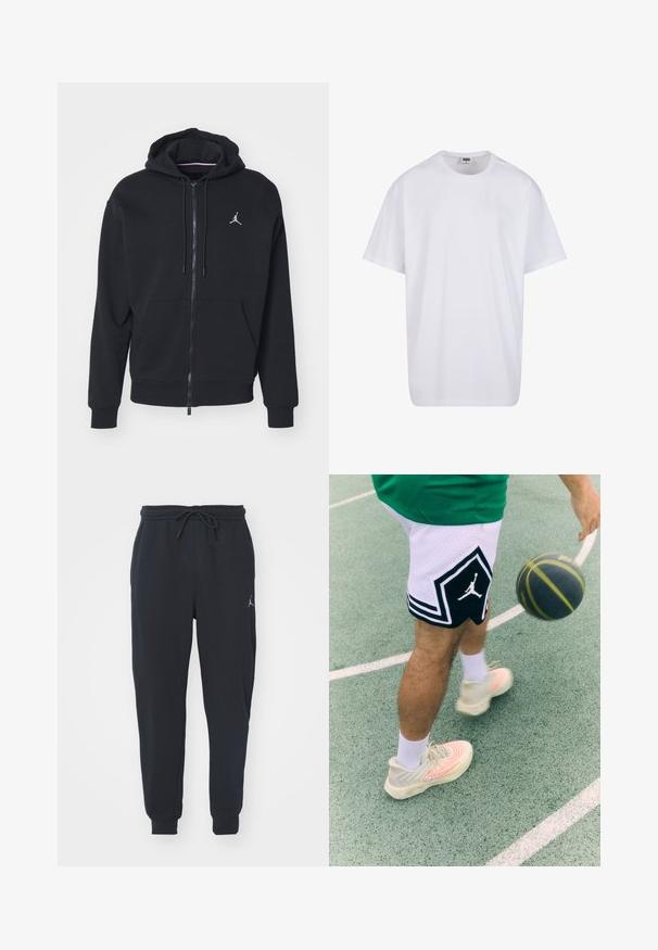 Melnas ar rāvējslēdzēju kapucēta jaka, izgatavota no mīksta auduma, ar kangaru kabatu, ribinātām piedurknēm un baltu izšūtu logo uz krūtīm.; Balta kokvilnas T-kreklu ar īsām piedurknēm, apaļu kakla izgriezumu, brīvu piegriezumu un bez redzamām logo vai rakstiem. Gluda tekstūra un minimālistisks dizains.; Melnas sporta bikses, kas izgatavotas no mīkstas auduma, ar elastīgu jostu ar auklu, ribotām piedurknēm un mazu logotipu kreisajā augšstilbā.; Melnbaltas basketbola šortos ar dimanta dizainu un logotipu. Gaiši sporta apavi ar vijolītes rakstu un akcentu līnijām. Basketbola bumba kustībā.