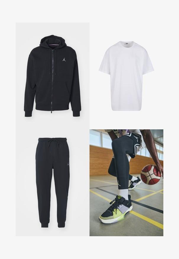 Fekete, cipzáros kapucnis pulóver, puha anyagból készült, elöl zsebes kialakítással, bordázott mandzsettákkal és fehér hímzett logóval a mellkasán.; Fehér pamut póló rövid ujjal, kerek nyakú, laza szabású, és nincsenek látható logók vagy minták. Simább textúra és minimalista dizájn.; Fekete jogger nadrág puha anyagból, hajlékony derékkal és zsinórral, bordás mandzsettákkal és kis logóval a bal combon.; Jordan JORDAN ONE TAKE 5 - Kosárlabdacipők - black/cyber/anthracite/coconut milk/cement grey