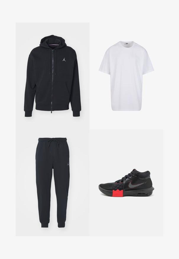 Sort zip-up hoodie lavet af blødt stof, med en kængurulomme, ribbede manchetter og et hvidt broderet logo på brystet.; Hvid bomulds t-shirt med korte ærmer, rund halsudskæring, afslappet pasform, og ingen synlige logoer eller mønstre. Glat tekstur og minimalistisk design.; Sorte joggingbukser lavet af blødt stof, med en elastisk talje med snøre, ribbede manchetter og et lille logo på venstre lår.; Sorte atletiske sko med en mesh-overdel, røde accenter på mellemsålen og en synlig luftenhed. Har teksturerede sidepaneler og snørebånd.