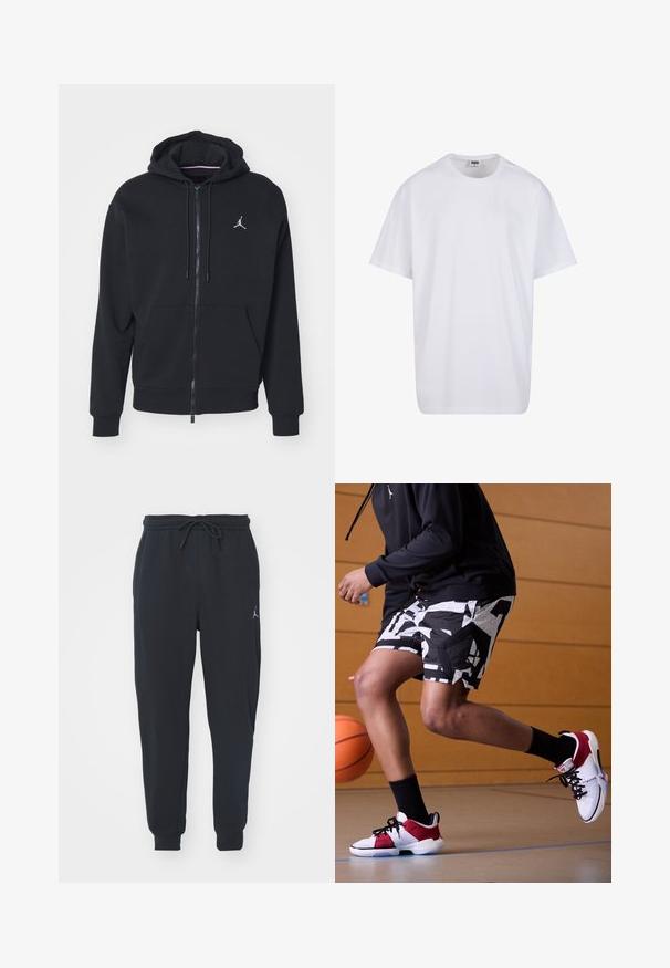 Fekete, cipzáros kapucnis pulóver, puha anyagból készült, elöl zsebes kialakítással, bordázott mandzsettákkal és fehér hímzett logóval a mellkasán.; Fehér pamut póló rövid ujjal, kerek nyakú, laza szabású, és nincsenek látható logók vagy minták. Simább textúra és minimalista dizájn.; Fekete jogger nadrág puha anyagból, hajlékony derékkal és zsinórral, bordás mandzsettákkal és kis logóval a bal combon.; Fehér és piros kosárlabdacipők fekete részletekkel, mintás fekete-fehér sorttal párosítva. Fekete kapucnis pulóver viselve, tornaterem környezetében.