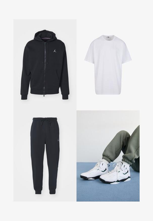 Zwarte zip-up hoodie gemaakt van zachte stof, met een kangoeroezak, geribde boorden en een wit geborduurd logo op de borst.; Witte katoenen t-shirt met korte mouwen, ronde hals, relaxte pasvorm en zonder zichtbare logo's of patronen. Gladde textuur en minimalistisch ontwerp.; Zwarte joggingsbroeken van zachte stof, met een elastische tailleband met trekkoord, geribbelde boorden en een klein logo op de linker dij.; Jordan JORDAN TRUE FLIGHT - Sneakers hoog - white/black/oxidized green