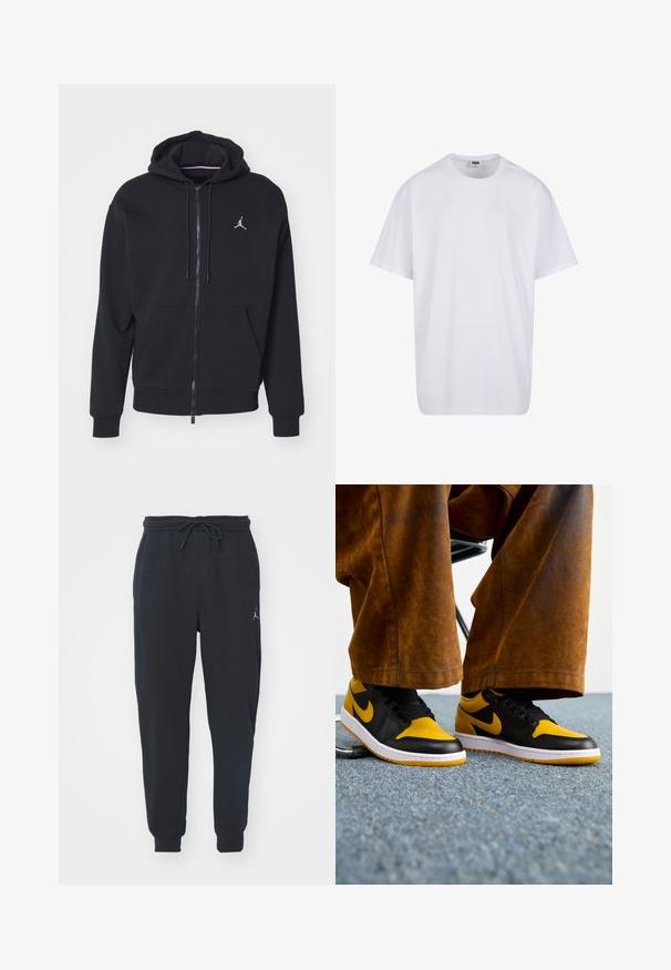 Sudadera con cremallera negra, hecha de un tejido suave, con un bolsillo tipo canguro, puños acanalados y un logo bordado en blanco en el pecho.; Camiseta blanca de algodón con mangas cortas, cuello redondo, corte relajado y sin logotipos ni patrones visibles. Textura suave y diseño minimalista.; Pantalones de chándal negros hechos de tela suave, con una cinturilla elástica con cordón, puños acanalados y un pequeño logo en el muslo izquierdo.; Jordan AIR JORDAN 1 - Zapatillas - black/yellow ochre/white