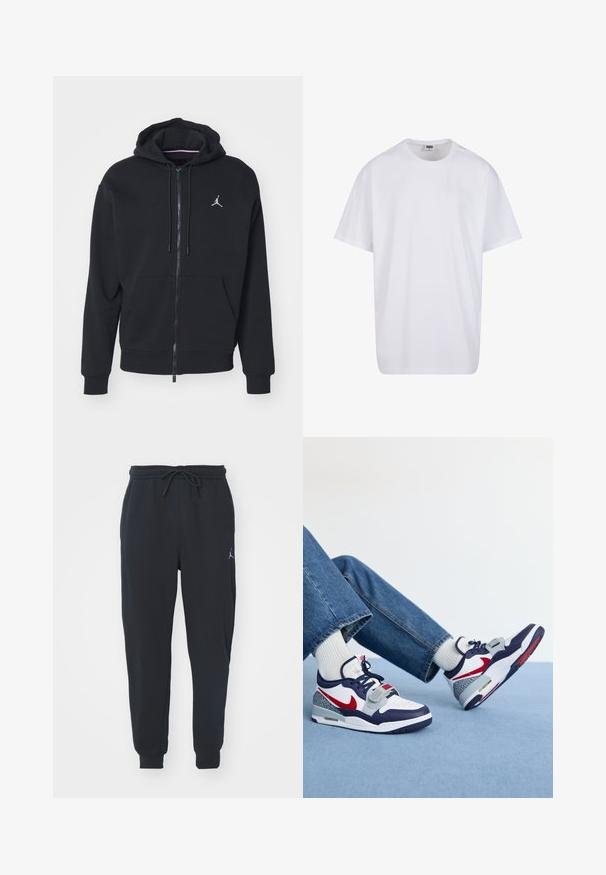 Fekete, cipzáros kapucnis pulóver, puha anyagból készült, elöl zsebes kialakítással, bordázott mandzsettákkal és fehér hímzett logóval a mellkasán.; Fehér pamut póló rövid ujjal, kerek nyakú, laza szabású, és nincsenek látható logók vagy minták. Simább textúra és minimalista dizájn.; Fekete jogger nadrág puha anyagból, hajlékony derékkal és zsinórral, bordás mandzsettákkal és kis logóval a bal combon.; Nike sportcipő, fehér és sötétkék felsőrésszel, piros kiegészítőkkel, szürke mintás részekkel és vastag fehér talppal, kék farmernadrággal és fehér zoknival párosítva.