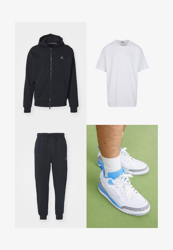Fekete, cipzáros kapucnis pulóver, puha anyagból készült, elöl zsebes kialakítással, bordázott mandzsettákkal és fehér hímzett logóval a mellkasán.; Fehér pamut póló rövid ujjal, kerek nyakú, laza szabású, és nincsenek látható logók vagy minták. Simább textúra és minimalista dizájn.; Fekete jogger nadrág puha anyagból, hajlékony derékkal és zsinórral, bordás mandzsettákkal és kis logóval a bal combon.; Jordan JORDAN SPIZIKE - Sportcipő - white/university blue/wolf grey/anthracite
