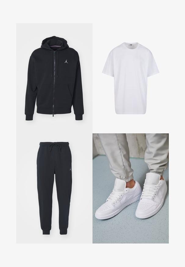 Must mustri zipperiga kapuutsiga, mis on valmistatud pehmest kangast, kangaroo taskuga, ribareitega mansettide ja valge tikitud logoga rinnal.; Valge puuvillane t-särk lühikeste varrukatega, ümmarguse kaelusega, lõdva lõikega ja ilma nähtavate logodeta või mustriteta. Sile tekstuur ja minimaalne disain.; Mustad mustadelsid, mis on valmistatud pehmest kangast, kummiga vöökoha ja nööriga, ribakätked ning väike logo vasakul reiel.; Valged nahast tossud sisaldavad perforatsiooni varvaste osas, lame nöörid, pehmendatud kaelus ja Jordani logo keelega. Kanda hallide spordipükstega.