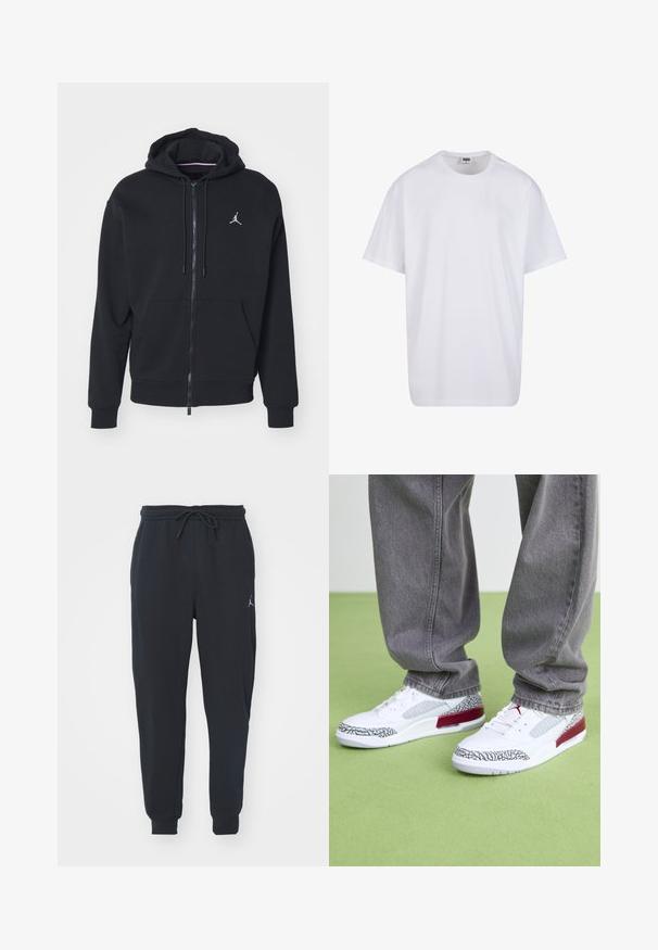 Sort zip-up hoodie lavet af blødt stof, med en kængurulomme, ribbede manchetter og et hvidt broderet logo på brystet.; Hvid bomulds t-shirt med korte ærmer, rund halsudskæring, afslappet pasform, og ingen synlige logoer eller mønstre. Glat tekstur og minimalistisk design.; Sorte joggingbukser lavet af blødt stof, med en elastisk talje med snøre, ribbede manchetter og et lille logo på venstre lår.; Jordan JORDAN SPIZIKE - Sneakers - white/team red/wolf grey/anthracite