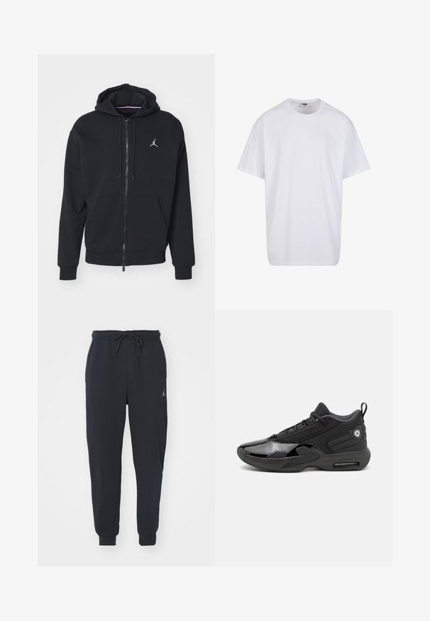 Čierna zip-up mikina vyrobená z mäkkej tkaniny, s kengurou vreckom, rebrovanými manžetami a bielym vyšitým logom na hrudi.; Biela bavlnená tričko s krátkymi rukávmi, okrúhlym výstrihom, uvoľneným strihom a žiadnymi viditeľnými logami alebo vzormi. Hladká textúra a minimálny dizajn.; Čierne jogger nohavice z mäkkej tkaniny, vybavené elastickým pásom s šnúrkou, ribbovanými manžetami a malým logom na ľavom stehne.; Jordan JORDAN MAX AURA 6 - Tenisky - black/anthracite