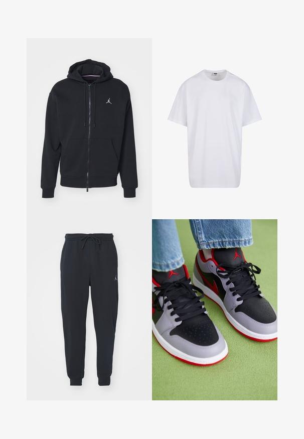Svart hettegenser med glidelås laget av myk stoff, har kenguru-lomme, ribbede mansjetter og en hvit brodert logo på brystet.; Hvit bomull t-skjorte med korte ermer, rund utringning, avslappet passform, og ingen synlige logoer eller mønstre. Glatt tekstur og minimalistisk design.; Svart joggebukse laget av myk stoff, med elastisk midje med snøring, ribbede mansjetter og en liten logo på venstre lår.; Grå og svarte treningssko med røde detaljer. Har perforert tåboks, flate lisser og gummisåle. Stilt med jeans på grønt underlag.