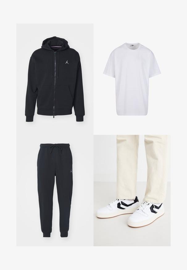 Must mustri zipperiga kapuutsiga, mis on valmistatud pehmest kangast, kangaroo taskuga, ribareitega mansettide ja valge tikitud logoga rinnal.; Valge puuvillane t-särk lühikeste varrukatega, ümmarguse kaelusega, lõdva lõikega ja ilma nähtavate logodeta või mustriteta. Sile tekstuur ja minimaalne disain.; Mustad mustadelsid, mis on valmistatud pehmest kangast, kummiga vöökoha ja nööriga, ribakätked ning väike logo vasakul reiel.; Valged tennisetossud musta geomeetrilise kujundusega, tekstureeritud ülemine osa ja tumepruuniga lõppvaibaga paks valge tallaga.