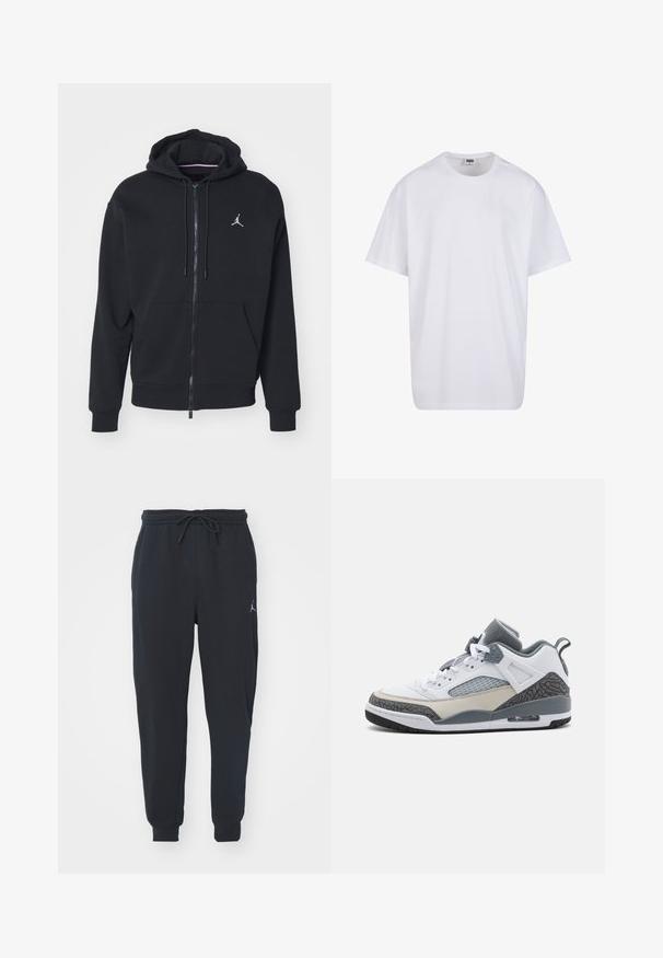 Black zip-up hoodie made from soft fabric, featuring a kangaroo pocket, ribbed cuffs, and a white embroidered logo on the chest.; White cotton t-shirt with short sleeves, rounded neckline, relaxed fit, and no visible logos or patterns. Smooth texture and minimal design.; Black jogger pants made of soft fabric, featuring an elastic waistband with a drawstring, ribbed cuffs, and a small logo on the left thigh.; White and gray athletic shoe with leather and mesh material, padded collar, perforated details, and rubber sole featuring a patterned accent.