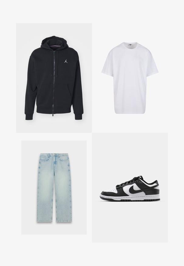 Melnas ar rāvējslēdzēju kapucēta jaka, izgatavota no mīksta auduma, ar kangaru kabatu, ribinātām piedurknēm un baltu izšūtu logo uz krūtīm.; Balta kokvilnas T-kreklu ar īsām piedurknēm, apaļu kakla izgriezumu, brīvu piegriezumu un bez redzamām logo vai rakstiem. Gluda tekstūra un minimālistisks dizains.; Gaiši zili, augsta jostasvieta denim džinsi ar taisnu kāju dizainu, izbalējusi tekstūra un klasiskā piecu kabatu stilā.; Melnas un baltas Nike Dunk kedas ar ādas virsu, perforētu pirkstu daļu, melnām šņorēm un melnu gumijas zoli ar protektora dizainu.