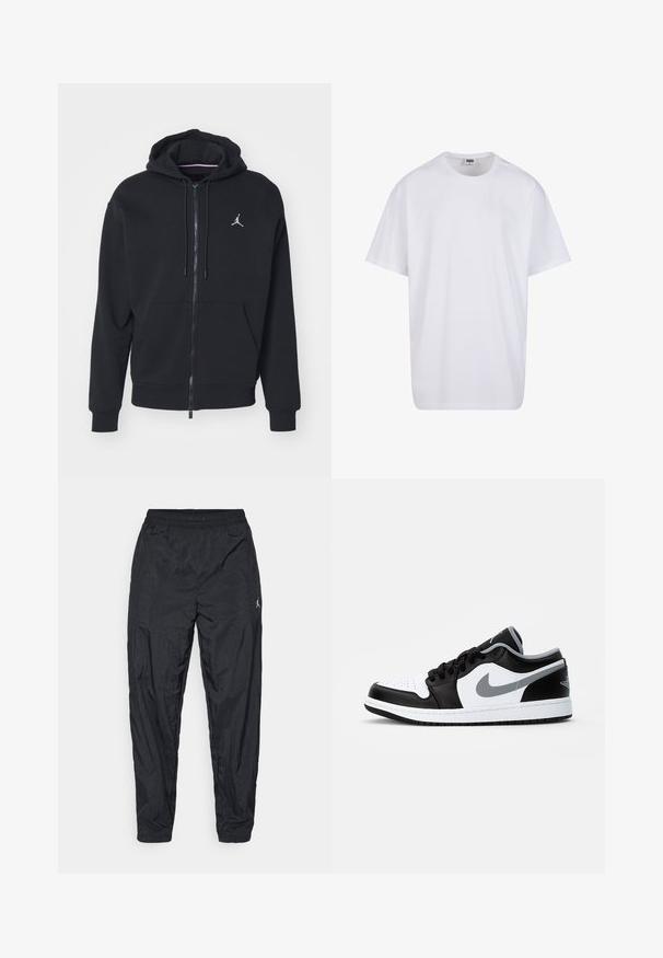 Sort zip-up hoodie lavet af blødt stof, med en kængurulomme, ribbede manchetter og et hvidt broderet logo på brystet.; Hvid bomulds t-shirt med korte ærmer, rund halsudskæring, afslappet pasform, og ingen synlige logoer eller mønstre. Glat tekstur og minimalistisk design.; Sorte træningsbukser lavet af letvægtsstof. Har en elastisk talje og en lille logodetalje på siden. Taperet bendesign.; Jordan AIR JORDAN 1 LOW - Sneakers - black/particle grey-white