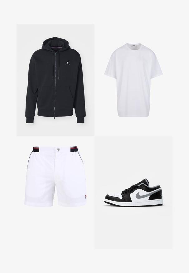 Schwarze Zip-Hoodie aus weichem Stoff, mit einer Kängurutasche, gerippten Bündchen und einem weißen gestickten Logo auf der Brust.; Weiße Baumwoll-T-Shirt mit kurzen Ärmeln, rundem Ausschnitt, lockerer Passform und ohne sichtbare Logos oder Muster. Glatte Textur und minimalistisches Design.; Weiße Sportshorts mit einem elastischen Bund in Schwarz und Rot, Vordertaschen und einem Fila-Logo auf der unteren rechten Seite. Glatte Stoffstruktur.; Jordan AIR JORDAN 1 LOW - Sneaker low - black/particle grey-white
