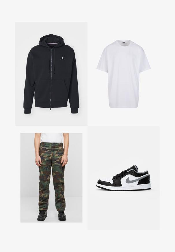 Juodas užtrauktukas džemperis, pagamintas iš minkštos medžiagos, su kengūros tipo kišene, didelėmis rankogaliais ir balta išsiuvinėta logotipu ant krūtinės.; Balta medvilninė marškinėlių užsagėlė su trumpomis rankovėmis, apvaliu kaklu, laisva forma ir be matomų logotipų ar raštų. Lygi tekstūra ir minimalus dizainas.; Žalios, rudos ir juodos spalvų kamufliažo krovinių kelnės. Pagamintos iš tvirto audinio, laisvo kirpimo su šoninėmis kišenėmis. Yra mygtukų uždarymas.; Jordan AIR JORDAN 1 LOW - Sportbačiai - black/particle grey-white