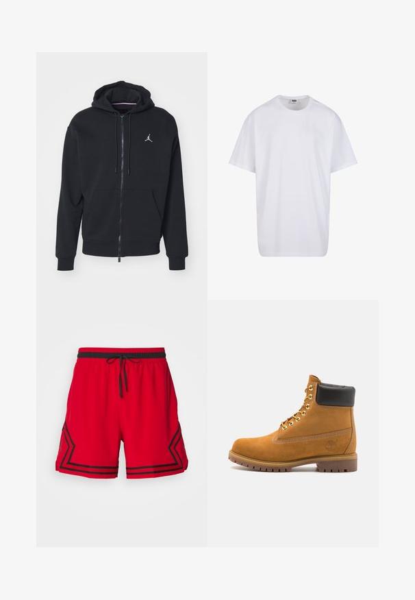 Juodas užtrauktukas džemperis, pagamintas iš minkštos medžiagos, su kengūros tipo kišene, didelėmis rankogaliais ir balta išsiuvinėta logotipu ant krūtinės.; Balta medvilninė marškinėlių užsagėlė su trumpomis rankovėmis, apvaliu kaklu, laisva forma ir be matomų logotipų ar raštų. Lygi tekstūra ir minimalus dizainas.; Raudoni šortai su juodu elastingu juosmeniu ir raišteliu. Su juodomis juostelėmis ir logotipu kairėje pusėje. Pagaminti iš lengvos medžiagos.; Tan spalvą turintys suknelės batus iki kulkšnies su juodu paminkštintu apvadu, auksiniais metaliniais akių užsegimais, baltais siūlų dekoratyviniais elementais ir tvirtu guminiu padu su ryškiai išreikštais raštais.