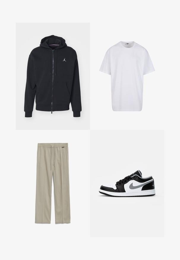 Zwarte zip-up hoodie gemaakt van zachte stof, met een kangoeroezak, geribde boorden en een wit geborduurd logo op de borst.; Witte katoenen t-shirt met korte mouwen, ronde hals, relaxte pasvorm en zonder zichtbare logo's of patronen. Gladde textuur en minimalistisch ontwerp.; Lichtbeige, relaxte broek van zachte stof; heeft een elastische tailleband met een trekkoord en zijzakken.; Jordan AIR JORDAN 1 LOW - Sneakers laag - black/particle grey-white