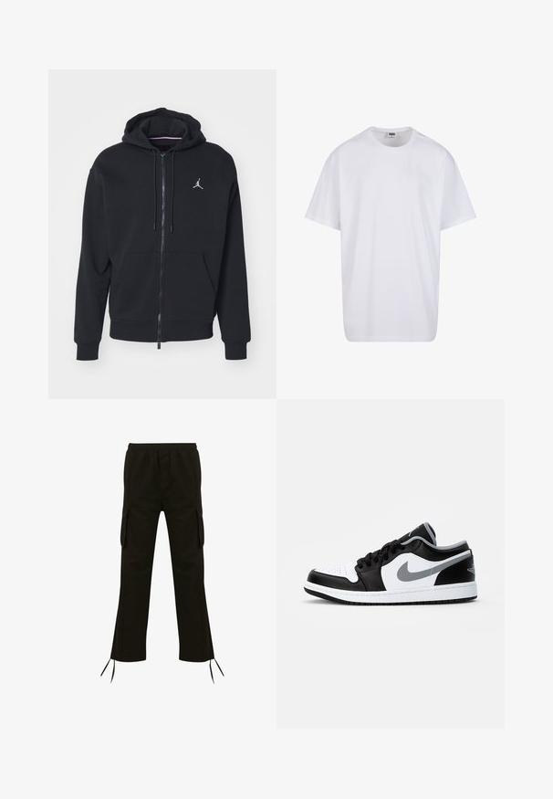 Felpa nera con zip realizzata in tessuto morbido, con tasca a marsupio, polsini a costine e un logo ricamato bianco sul petto.; Maglietta bianca in cotone con maniche corte, scollatura rotonda, vestibilità comoda e senza loghi o motivi visibili. Texture liscia e design minimale.; Pantaloni cargo neri con vita elastica, tasche laterali e lacci in fondo; realizzati in tessuto leggero con una superficie liscia.; Jordan AIR JORDAN 1 LOW - Sneakers basse - black/particle grey-white