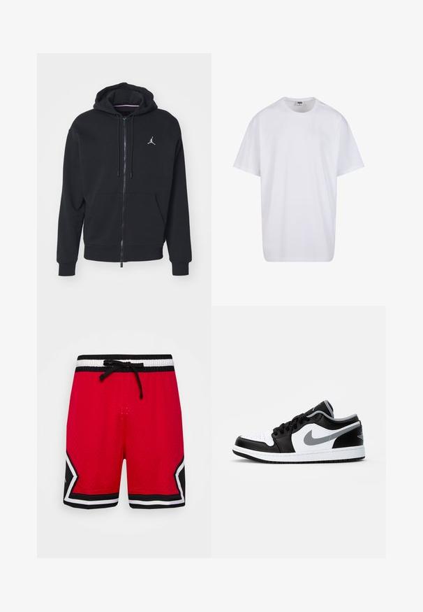 Črna zip-up kapuca iz mehkega materiala, z kenguru žepom, rebrastimi rokavi in belim vezenim logotipom na prsih.; Bela bombažna majica s kratkimi rokavi, okroglim izrezom, sproščenim krojem in brez vidnih logotipov ali vzorcev. Gladka tekstura in minimalen dizajn.; Jordan DIAMOND SHORT - Športne kratke hlače - gym red/black; Jordan AIR JORDAN 1 LOW - Športni copati - black/particle grey-white