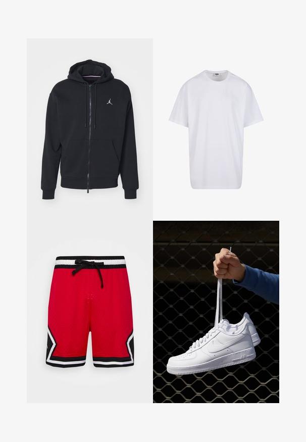 Juodas užtrauktukas džemperis, pagamintas iš minkštos medžiagos, su kengūros tipo kišene, didelėmis rankogaliais ir balta išsiuvinėta logotipu ant krūtinės.; Balta medvilninė marškinėlių užsagėlė su trumpomis rankovėmis, apvaliu kaklu, laisva forma ir be matomų logotipų ar raštų. Lygi tekstūra ir minimalus dizainas.; Jordan DIAMOND SHORT - Sportiniai šortai - gym red/black; Balti odiniai sportiniai bateliai su perforacijomis, apvalia nosimi, plokščiu padu ir storomis raištelėmis, su matomu swoosh logotipu ir "AIR" ant kulno.