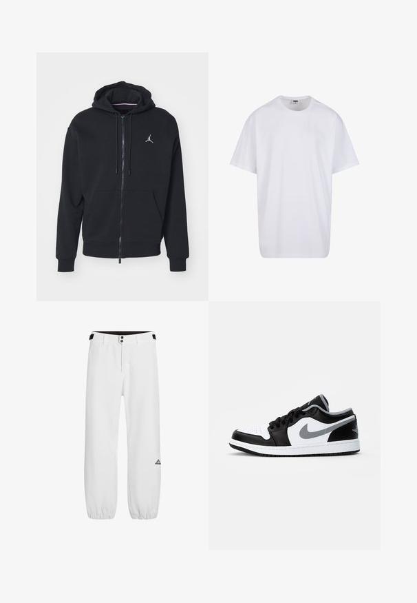Must mustri zipperiga kapuutsiga, mis on valmistatud pehmest kangast, kangaroo taskuga, ribareitega mansettide ja valge tikitud logoga rinnal.; Valge puuvillane t-särk lühikeste varrukatega, ümmarguse kaelusega, lõdva lõikega ja ilma nähtavate logodeta või mustriteta. Sile tekstuur ja minimaalne disain.; Valged püksid, millel on kohandatud vöökoht, kaks metallist nööpi ja elastsed mansetid. Vasakul jalal on kolmnurkne logo. Sile kangas.; Jordan AIR JORDAN 1 - Tossud - black/particle grey-white