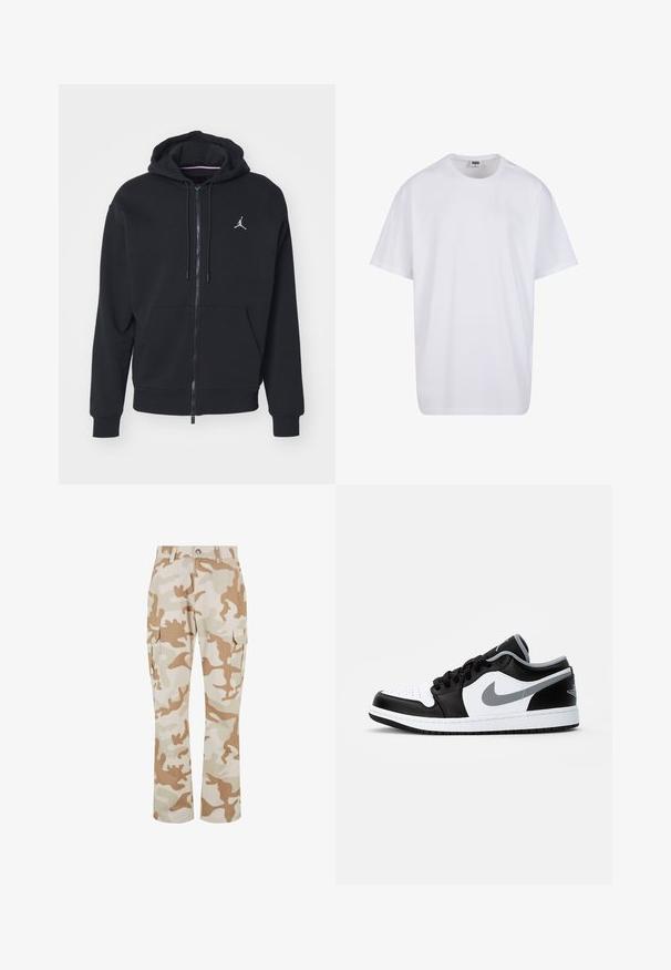 Felpa nera con zip realizzata in tessuto morbido, con tasca a marsupio, polsini a costine e un logo ricamato bianco sul petto.; Maglietta bianca in cotone con maniche corte, scollatura rotonda, vestibilità comoda e senza loghi o motivi visibili. Texture liscia e design minimale.; Pantaloni cargo beige mimetici con tasche laterali, realizzati in tessuto dalla texture liscia, con un design a gamba dritta e chiusura con bottone.; Jordan AIR JORDAN 1 LOW - Sneakers basse - black/particle grey-white