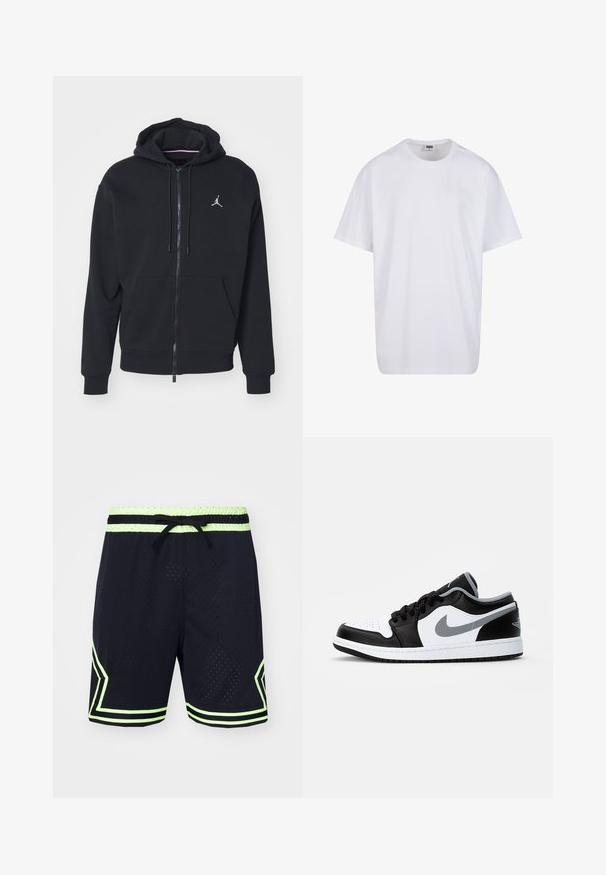 Juodas užtrauktukas džemperis, pagamintas iš minkštos medžiagos, su kengūros tipo kišene, didelėmis rankogaliais ir balta išsiuvinėta logotipu ant krūtinės.; Balta medvilninė marškinėlių užsagėlė su trumpomis rankovėmis, apvaliu kaklu, laisva forma ir be matomų logotipų ar raštų. Lygi tekstūra ir minimalus dizainas.; Jordan DIAMOND SHORT - Sportiniai šortai - black/volt glow; Jordan AIR JORDAN 1 LOW - Sportbačiai - black/particle grey-white