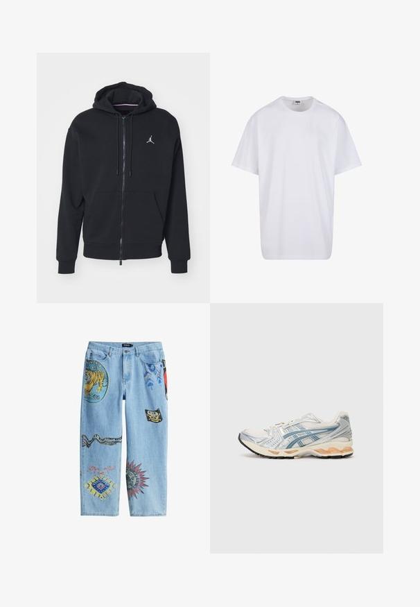 Czarna hoodie na zamek wykonana z miękkiego materiału, z kieszenią kangurką, prążkowanymi mankietami i białym wyhaftowanym logo na piersi.; Biała bawełniana koszulka z krótkimi rękawami, okrągłym dekoltem, luźnym krojem i bez widocznych logo lub wzorów. Gładka tekstura i minimalistyczny design.; Niebieskie dżinsy z różnorodnymi kolorowymi naszywkami, w tym tygrys, wąż i wzory geometryczne. Prosty krój noga.; Buty do biegania z lekką siateczkową cholewką w srebrno-niebieskich akcentach, z beżową wyściółką amortyzującą oraz trwałą czarną gumową podeszwą.
