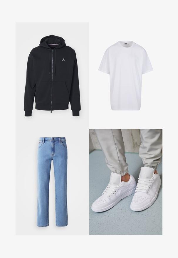 Sudadera con cremallera negra, hecha de un tejido suave, con un bolsillo tipo canguro, puños acanalados y un logo bordado en blanco en el pecho.; Camiseta blanca de algodón con mangas cortas, cuello redondo, corte relajado y sin logotipos ni patrones visibles. Textura suave y diseño minimalista.; Vaqueros rectos de denim en azul claro, con una cintura de altura media, bolsillos frontales y sutiles detalles de costura. Sin adornos.; Las zapatillas deportivas de cuero blanco cuentan con una caja de dedos perforada, cordones planos, un cuello acolchado y el logo de Jordan en la lengüeta. Las llevan puestas con pantalones joggers grises.