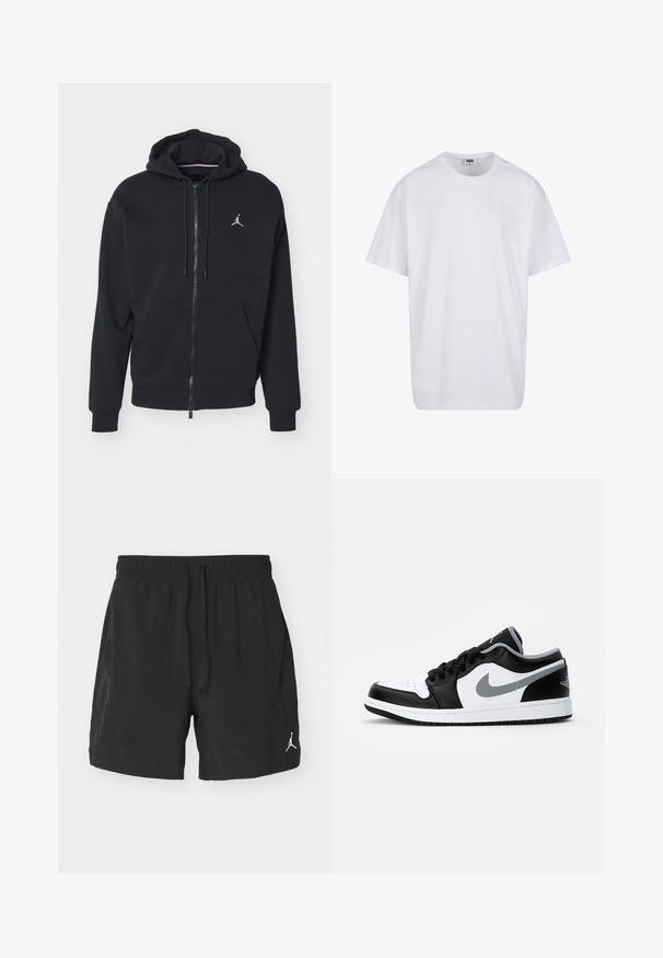 Melnas ar rāvējslēdzēju kapucēta jaka, izgatavota no mīksta auduma, ar kangaru kabatu, ribinātām piedurknēm un baltu izšūtu logo uz krūtīm.; Balta kokvilnas T-kreklu ar īsām piedurknēm, apaļu kakla izgriezumu, brīvu piegriezumu un bez redzamām logo vai rakstiem. Gluda tekstūra un minimālistisks dizains.; Melnas sporta šortus, kas izgatavoti no vieglas auduma. Iezīmēta ar elastīgu jostasvietu ar auklu un nelielu baltu logotipu apakšējā kreisajā pusē.; Jordan AIR JORDAN 1 LOW - Treniņu apavi - black/particle grey-white