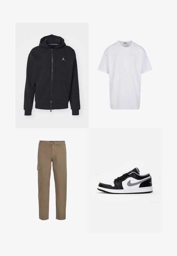 Black zip-up hoodie made from soft fabric, featuring a kangaroo pocket, ribbed cuffs, and a white embroidered logo on the chest.; White cotton t-shirt with short sleeves, rounded neckline, relaxed fit, and no visible logos or patterns. Smooth texture and minimal design.; Cargo pants in muted brown cotton. Features a button closure, side pocket, straight legs, and a smooth texture. Suitable for casual wear.; Jordan AIR JORDAN 1 LOW - Trainers - black/particle grey-white