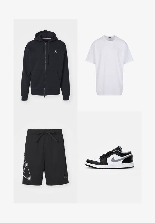 Juodas užtrauktukas džemperis, pagamintas iš minkštos medžiagos, su kengūros tipo kišene, didelėmis rankogaliais ir balta išsiuvinėta logotipu ant krūtinės.; Balta medvilninė marškinėlių užsagėlė su trumpomis rankovėmis, apvaliu kaklu, laisva forma ir be matomų logotipų ar raštų. Lygi tekstūra ir minimalus dizainas.; Juodi sportiniai šortai, pagaminti iš perforuoto audinio, su raišteliu talijoje, šone esanti logotipo grafika ir baltais akcentais.; Jordan AIR JORDAN 1 LOW - Sportbačiai - black/particle grey-white