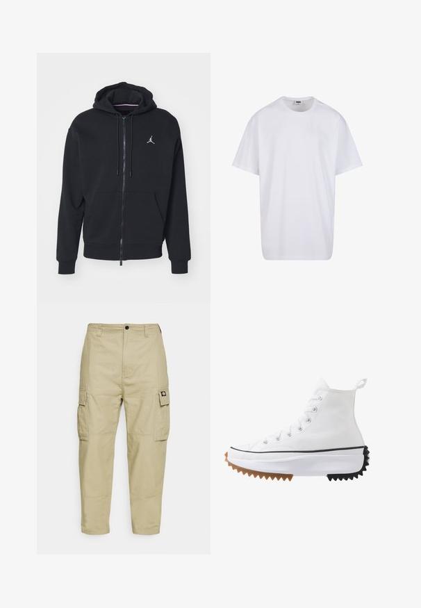 Melnas ar rāvējslēdzēju kapucēta jaka, izgatavota no mīksta auduma, ar kangaru kabatu, ribinātām piedurknēm un baltu izšūtu logo uz krūtīm.; Balta kokvilnas T-kreklu ar īsām piedurknēm, apaļu kakla izgriezumu, brīvu piegriezumu un bez redzamām logo vai rakstiem. Gluda tekstūra un minimālistisks dizains.; Bežīgas kravas bikses, kas izgatavotas no izturīga auduma, ar divām sānu kabatām, pogu aizdari un sašaurinātiem diegiem ar gludu tekstūru.; Baltās augstās kedas ar kanvas virsu, melniem un brūniem gumijas akcentiem, izceļošu zobveida zoli un sudraba acu caurumiem ar auklām.