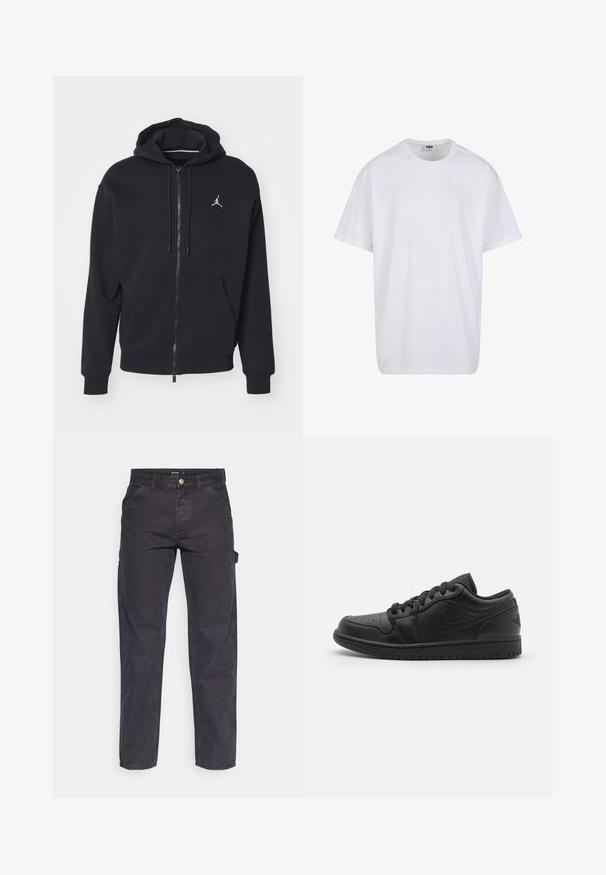 Svart hettegenser med glidelås laget av myk stoff, har kenguru-lomme, ribbede mansjetter og en hvit brodert logo på brystet.; Hvit bomull t-skjorte med korte ermer, rund utringning, avslappet passform, og ingen synlige logoer eller mønstre. Glatt tekstur og minimalistisk design.; Mørkegrå cargo bukser laget av slitesterkt stoff, med rett benklipp, fem lommer og knapplukking i livet.; Sorte skinn, lave sneakers med perforert tå, flate lisser, polstret krage og teksturert såle. Har en subtil logo på hælen.