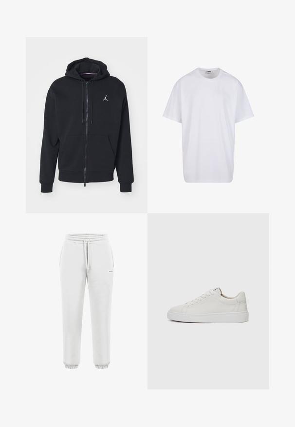 Schwarze Zip-Hoodie aus weichem Stoff, mit einer Kängurutasche, gerippten Bündchen und einem weißen gestickten Logo auf der Brust.; Weiße Baumwoll-T-Shirt mit kurzen Ärmeln, rundem Ausschnitt, lockerer Passform und ohne sichtbare Logos oder Muster. Glatte Textur und minimalistisches Design.; Hellgraue Sweatpants aus weichem Material, mit einem elastischen Bund und Zugbändern sowie elastischen Bündchen an den Knöcheln. Minimale Markenkennzeichnung sichtbar.; Weiße Leder-Sneaker im Low-Top-Stil mit runder Zehenform, flacher weißer Gummisohle und minimalistischen Steppnähten. Schnürsenkel sind durch sechs Ösen gesichert.