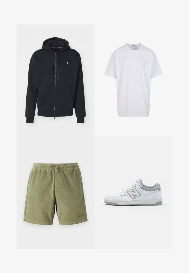 Črna zip-up kapuca iz mehkega materiala, z kenguru žepom, rebrastimi rokavi in belim vezenim logotipom na prsih.; Bela bombažna majica s kratkimi rokavi, okroglim izrezom, sproščenim krojem in brez vidnih logotipov ali vzorcev. Gladka tekstura in minimalen dizajn.; Svetlo zeleni kordurojski šortsi z elastičnim pasom in vrvico. Imajo stranske žepe in subtilne šivanje detajle.; Bele superge iz bele usnja z sivimi elementi, z luknjasto prednjo stranjo, ravnimi vezalkami in vzorčastim podplatom. Na strani je logo New Balance.