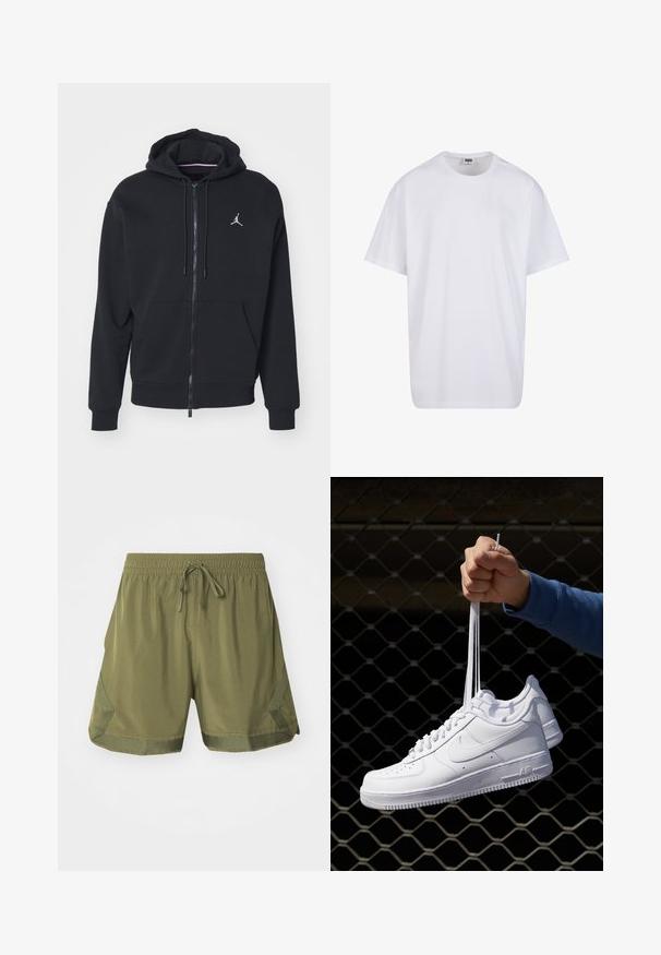 Svart hettegenser med glidelås laget av myk stoff, har kenguru-lomme, ribbede mansjetter og en hvit brodert logo på brystet.; Hvit bomull t-skjorte med korte ermer, rund utringning, avslappet passform, og ingen synlige logoer eller mønstre. Glatt tekstur og minimalistisk design.; Jordan M J DF SPRT WVN DMND - Sports shorts - medium olive; Hvite skinnsneakers med perforeringer, rund tå, flat såle og tykke lisser, med en synlig swoosh-logo og "AIR" på hælen.