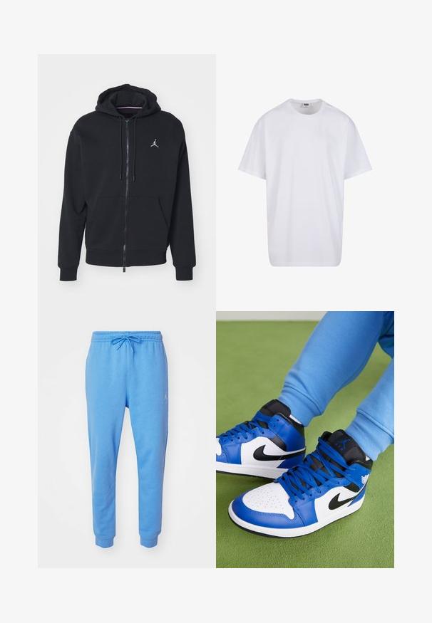 Zwarte zip-up hoodie gemaakt van zachte stof, met een kangoeroezak, geribde boorden en een wit geborduurd logo op de borst.; Witte katoenen t-shirt met korte mouwen, ronde hals, relaxte pasvorm en zonder zichtbare logo's of patronen. Gladde textuur en minimalistisch ontwerp.; Lichtblauwe sweatpants van een zachte katoenmix. Voorzien van een elastische tailleband met trekkoord en afgewerkte enkels. Geborduurd logo aan de zijkant.; Hoge sneakers met blauwe, zwarte en witte leren panelen, voorzien van zwarte veters en gedurfde Nike branding aan de zijkant en tong.