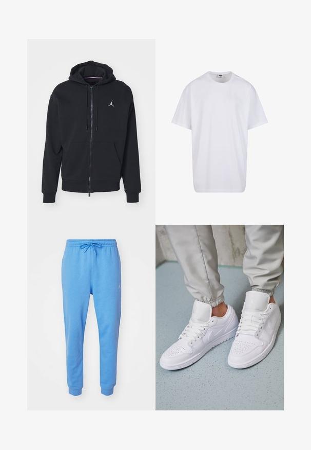 Svart zip-up hoodie tillverkad av mjukt tyg, med en känguruficka, ribbade ärmar och en vit broderad logga på bröstet.; Vit bomull t-shirt med korta ärmar, rundad halsringning, avslappnad passform och utan synliga logotyper eller mönster. Slät textur och minimal design.; Ljust blå sweatpants i en mjuk bomullsblandning. Har ett elastiskt midjeband med dragsko och muddar vid anklarna. Broderad logotyp på sidan.; Vita läder sneakers har en perforerad tåbox, platta snören, vadderad krage och Jordan-logotypen på tungan. Bärs tillsammans med grå joggingbyxor.