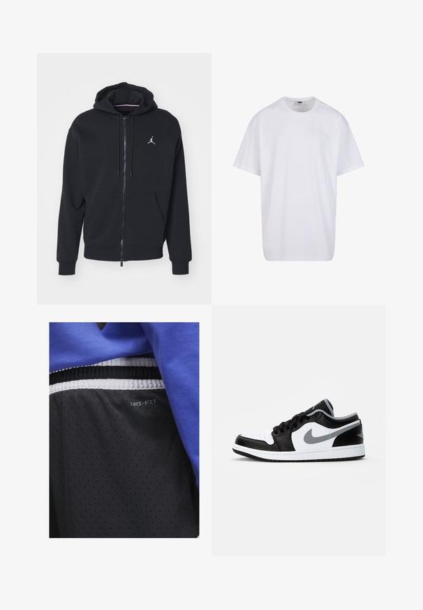 Schwarze Zip-Hoodie aus weichem Stoff, mit einer Kängurutasche, gerippten Bündchen und einem weißen gestickten Logo auf der Brust.; Weiße Baumwoll-T-Shirt mit kurzen Ärmeln, rundem Ausschnitt, lockerer Passform und ohne sichtbare Logos oder Muster. Glatte Textur und minimalistisches Design.; Jordan DIAMOND SHORT - Kurze Sporthose - black/white/white/(white); Jordan AIR JORDAN 1 LOW - Sneaker low - black/particle grey-white