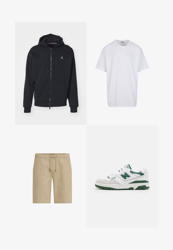 Sort zip-up hoodie lavet af blødt stof, med en kængurulomme, ribbede manchetter og et hvidt broderet logo på brystet.; Hvid bomulds t-shirt med korte ærmer, rund halsudskæring, afslappet pasform, og ingen synlige logoer eller mønstre. Glat tekstur og minimalistisk design.; Beige shorts lavet af blødt stof, med elastisk talje og snor samt sidelommer, designet med lige snit.; Hvid atletisk sko med grønne detaljer, tekstureret læder og ruskind, perforerede udsmykninger, polstret krave og gummisål. Modelnummer 550.